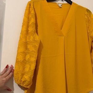Cato Mustard V-Neck Blouse with Textured Sleeves